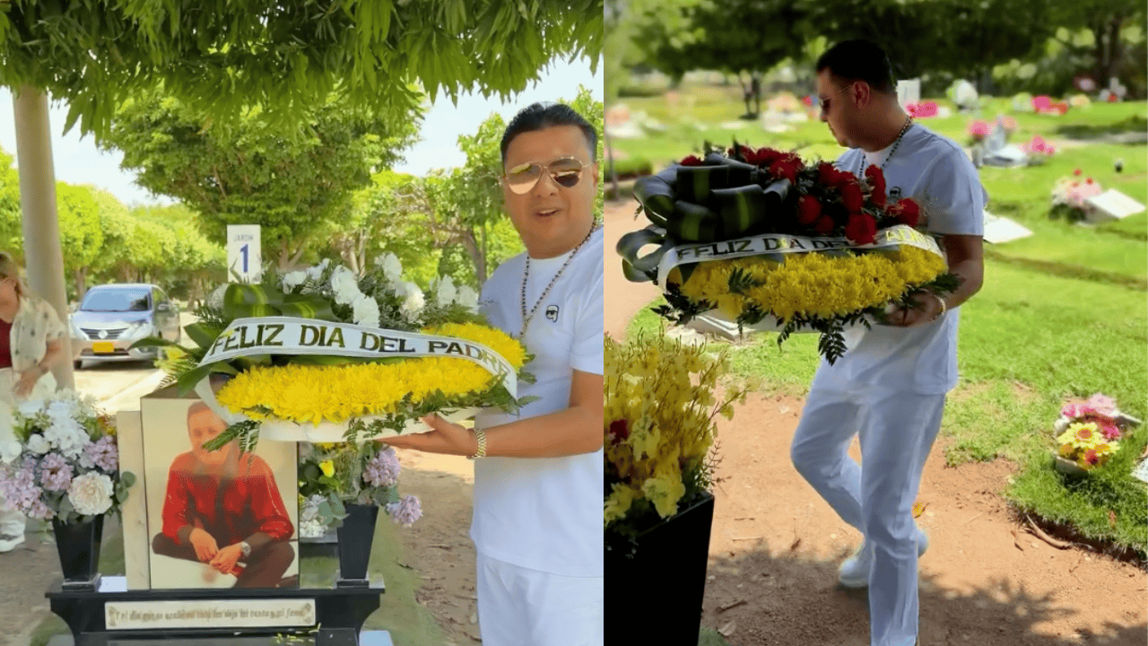 Rafael Santos, hijo de Diomedes Díaz, en el cementerio donde descansan su padre y hermano